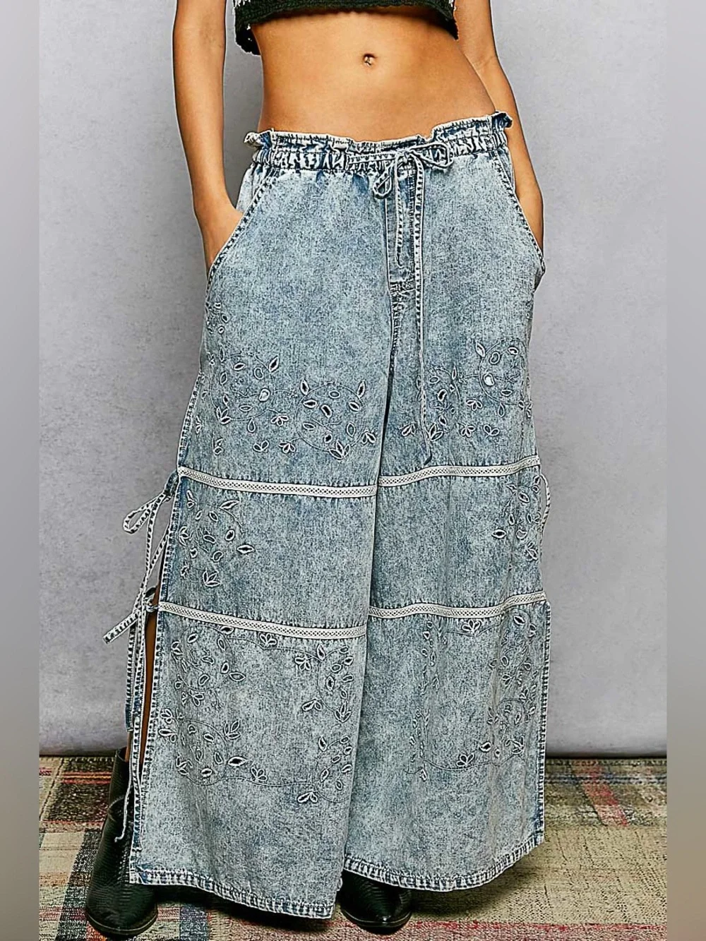 POL Light Blue Acid-Wash Embroidered Wide-Leg Jeans - Picture 3 of 8